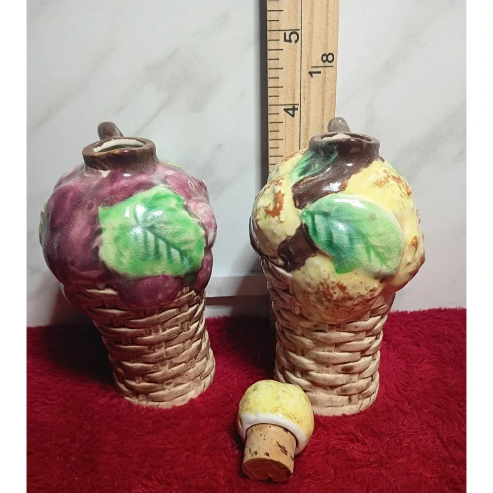 Vintage Dala Japan Ceramic Oil and Vinegar Cruet Set Fruit Basket Design 4 Inch